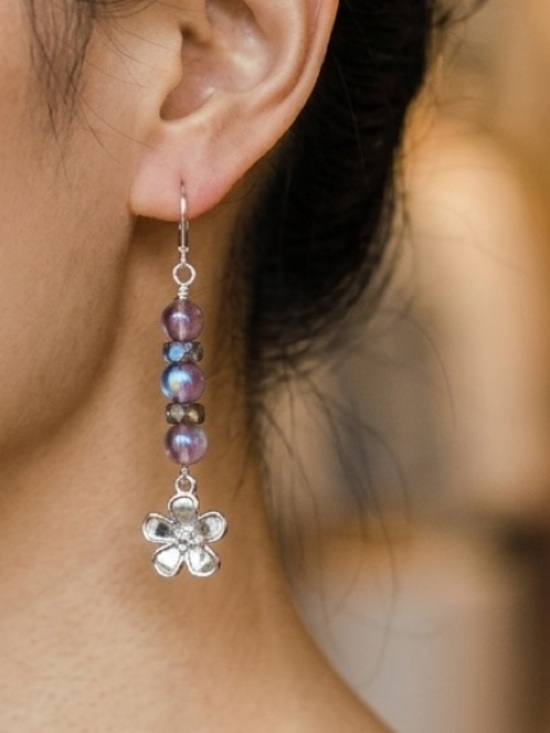 Hand Crafted Jewelry - HAND CRAFTED PURPLE CZECH GLASS BEADED FLOWER DROP EARRINGS Silver Floral Dangle